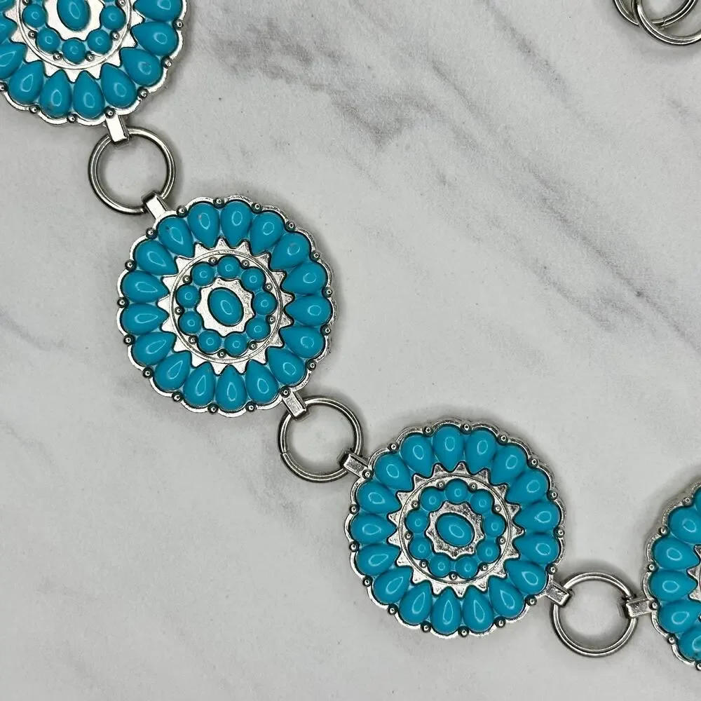 Chunky Blue Studded Concho Silver Chain Belt XS/Small (XS/S) Western Statement ✨